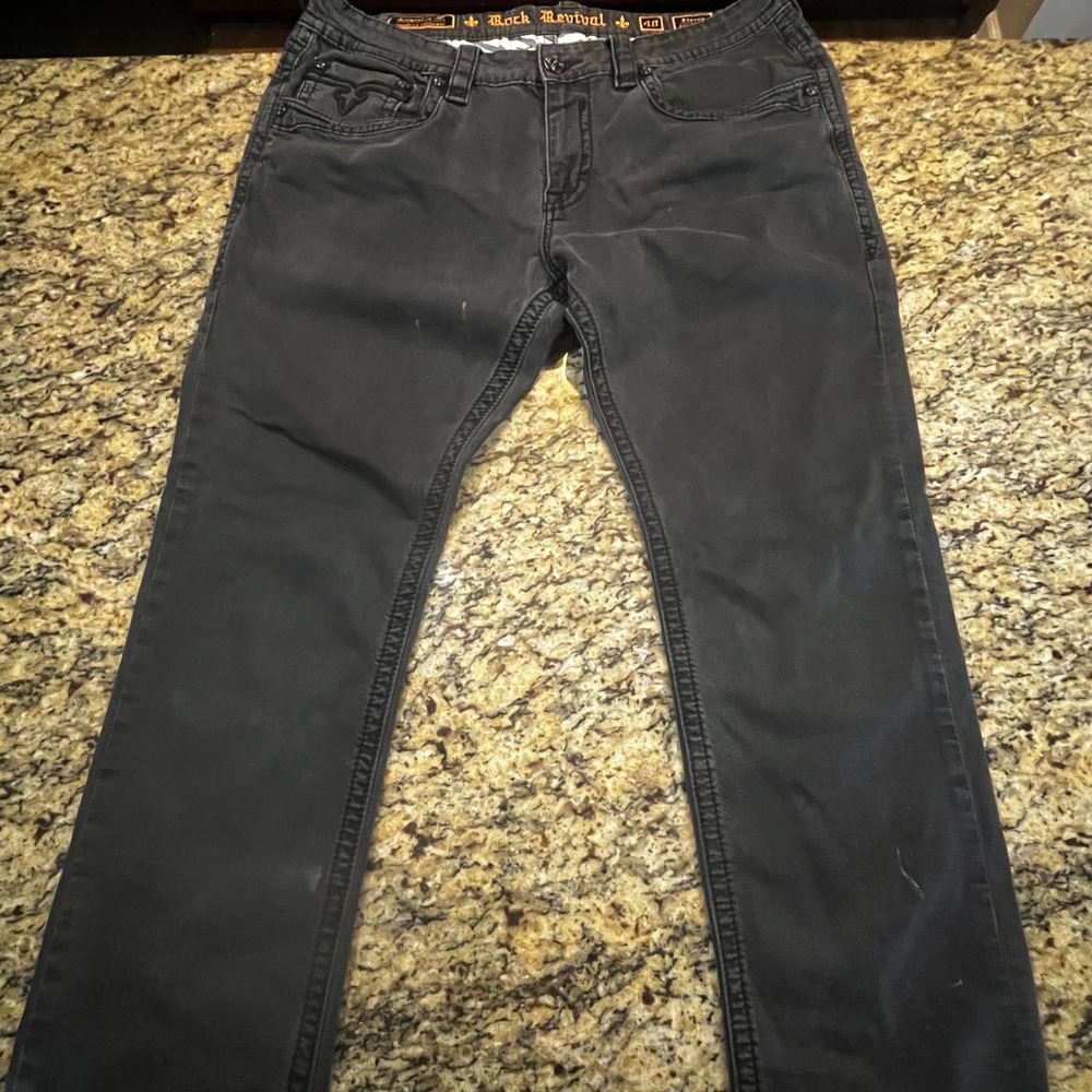 Rock Revival Steven Alt Straight Mens Jeans Size 40 Faded Black Fleur De Lis